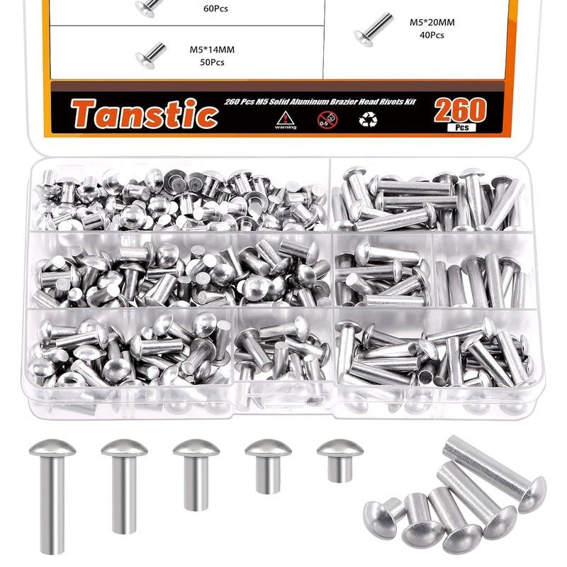 Tanstic 260Pcs M5 Solid Aluminum Brazier Head Rivets, 6mm 10mm 14mm 20mm 25mm Length Solid Aluminum Rivets for Machinery Automobile Industry - Image 1